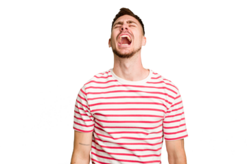 Young caucasian man cut out isolated shouting very angry, rage concept, frustrated.