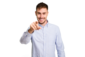 Young caucasian man cut out isolated cheerful smiles pointing to front.