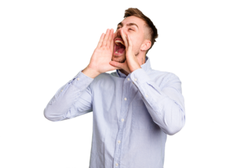Young caucasian man cut out isolated shouting excited to front.