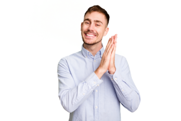 Young caucasian man cut out isolated feeling energetic and comfortable, rubbing hands confident.