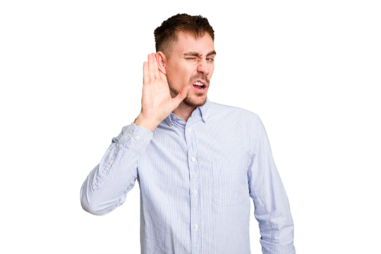 Young caucasian man cut out isolated trying to listening a gossip.