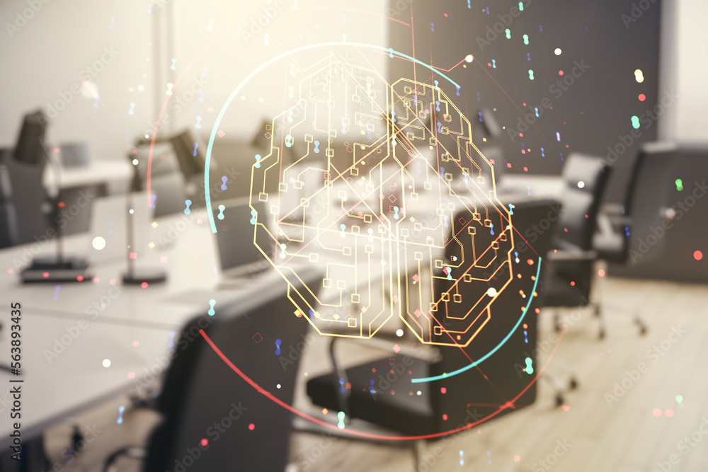 Leinwandbilder double exposure of creative artificial intelligence interface on modern corporate office background.
