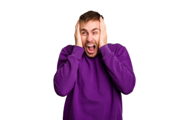 Young caucasian man cut out isolated covering ears with hands trying not to hear too loud sound.