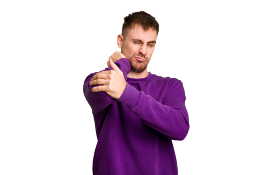 Young caucasian man cut out isolated having a neck pain due to stress, massaging and touching it with hand. - Powered by Adobe