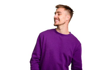 Fototapeta premium Young caucasian man cut out isolated relaxed and happy laughing, neck stretched showing teeth.