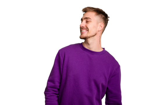 Young caucasian man cut out isolated relaxed and happy laughing, neck stretched showing teeth.