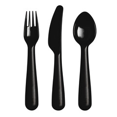 Black plastic fork, knife and spoon, isolated on white background