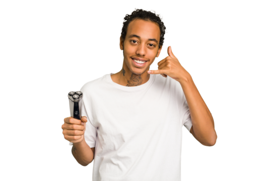 Young African American man holding a razor isolated showing a mobile phone call gesture with fingers. - Powered by Adobe