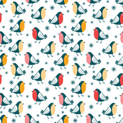 Seamless winter pattern. Little birds among snowflakes and snow on white background. Titmouse and bullfinches. Hand drawn vector flat illustration for design wallpaper, packaging, wrapping paper.