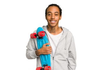 Young skater African American man isolated happy, smiling and cheerful.