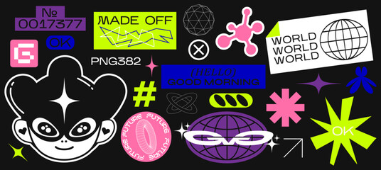 Collection of various patches, labels, tags, stickers, bracelet stamps in retro style. Stickers in funky hipster futuristic style in 90s style. Vector set, trendy promo labels