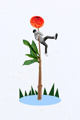 Creative photo 3d collage artwork poster postcard of funky man hanging on huge big flower looking...