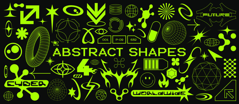 Cyberpunk futuristic shape design elements. Large collection of abstract graphic retro geometric symbols and objects in 2000 style. Templates for notes, posters, banners, stickers, business cards,logo