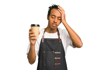 Young African American waiter man holding a takeaway coffee isolated being shocked, she has remembered important meeting.