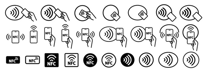 Contactless wireless pay sign. NFC technology set