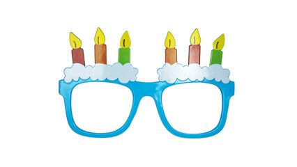 Front of blue glasses with cake and candles on top. Isolated cutout on a transparent background