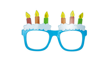 Front of blue glasses with cake and candles on top. Isolated cutout on a transparent background
