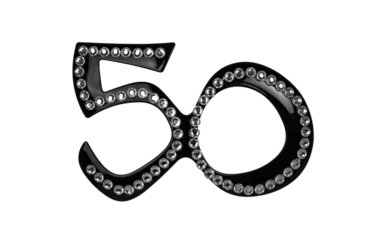 Front of black glasses with diamond decoration in the shape of numer 50. Isolated cutout on a transparent background