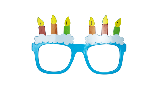 Front of blue glasses with cake and candles on top. Isolated cutout on a transparent background