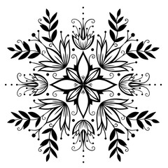 Blumen Muster Cottagecore Aesthetic. Schwarz weiß florales Mandala Ornament mit symmetrischem Blumenmuster.