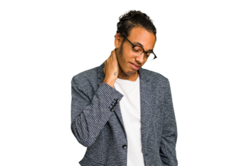 Young African American man isolated having a neck pain due to stress, massaging and touching it with hand.