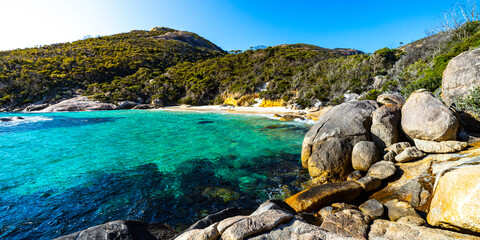 panorama of waterfall beach in two peoples bay nature reserve in western australia; paradisiacal...