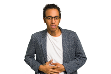 Young African American man isolated having a liver pain, stomach ache.