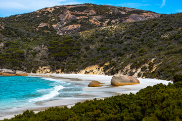 panorama of little beach in two peoples bay nature reserve in western australia; paradisiacal...