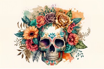 dia de muertos watercolor, skeleton with flowers water color illustration. High Quality. Generative AI