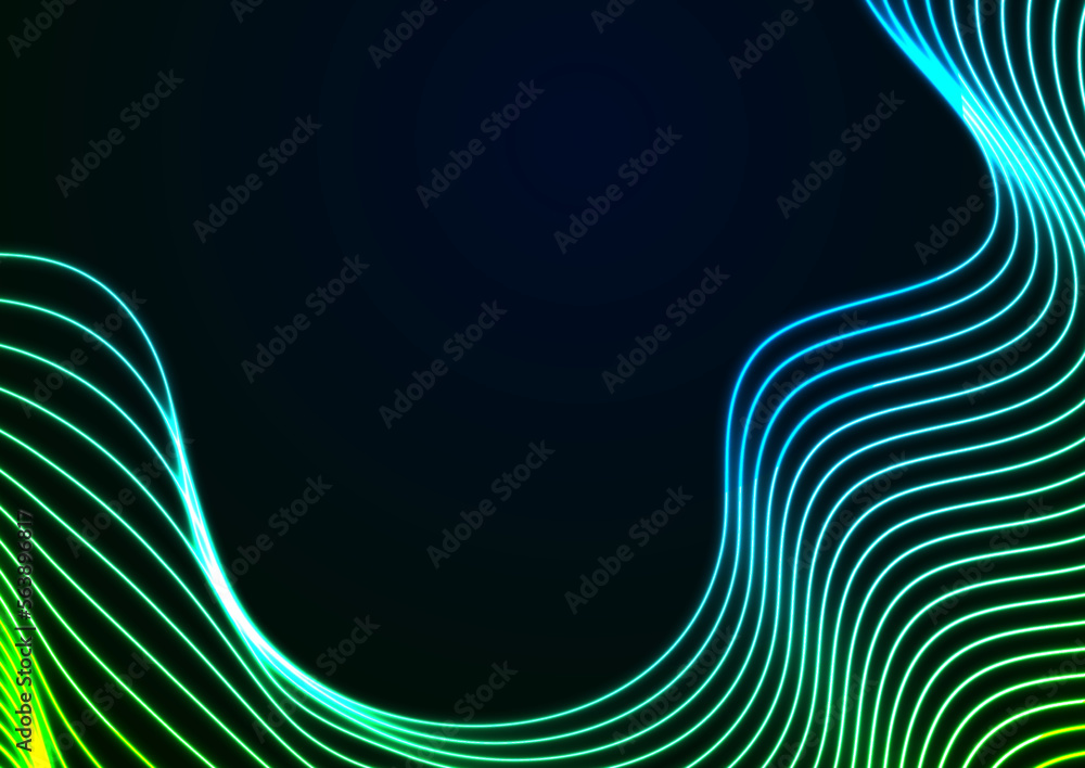 Poster blue green neon wavy lines abstract shiny retro background. futuristic glowing vector design