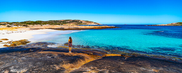 panorama of paradise beach in cape le grand national park in western australia, unique beach with...