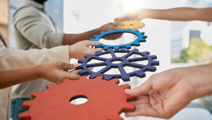 Business people, toys and gears at job for teamwork, sign or symbol with solution, trust and...