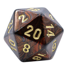 one brown marbled w20 or 20 sided dice - obrazy, fototapety, plakaty