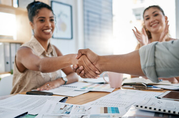Fototapeta Meeting, handshake and collaboration with a business black woman in the office for a deal or agreement. Teamwork, collaboration and thank you with a female employee shaking hands with a colleague obraz