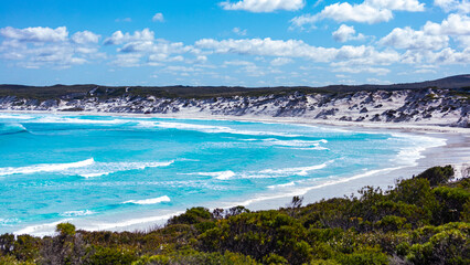 panorama of paradise beach in cape le grand national park in western australia, unique beach with white sand and turquoise water surrounded by mighty hills