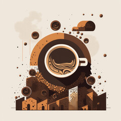 a coffee cup surrounded by geometric shapes and a city below coffee fuels business generative ai