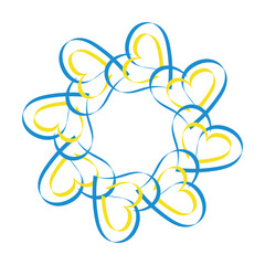 Blue and yellow heart in the shape of a circle. Colors of the flag of Ukraine. No war. Flag of Ukraine in the shape of a heart. Logo with Ukrainian national symbol