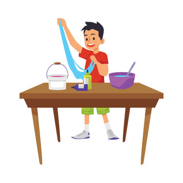 Child boy making and playing with slime toy, flat vector illustration isolated.