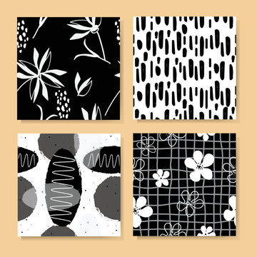 Minimalist trendy astract print set.Black and white modern vector template,seamless plant backround for design.
