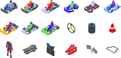 Kart racing icons set isometric vector. Car road. Sport go - obrazy, fototapety, plakaty