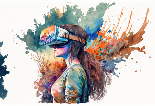 Woman wearing VR headset image created with Generative AI technology.