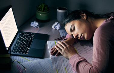 Woman, laptop and student sleeping, night and burnout for studying, mental health and overworked. Female, girl or academic tired for test, report or lady with computer, late evening or notes for exam