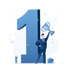 Happy successful businessman holds winner cup. Happiness from success. Business winner. Peak of career. Entrepreneur standing near number one. First place, rewarding, best worker of month.