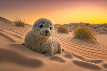 bébé phoque dans une dune de sable dans le désert pour symboliser le réchauffement climatique - illustration ia - obrazy, fototapety, plakaty