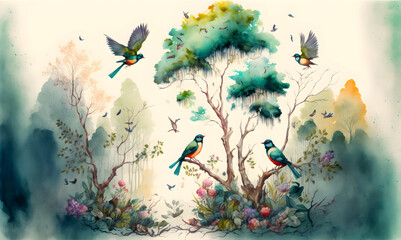 Fototapeta na wymiar watercolor painting digital art high quality, of a forest landscape with birds , butterflies and trees