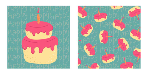 A set of birthday greeting cards and a background with cakes. Vector greeting card for a holiday