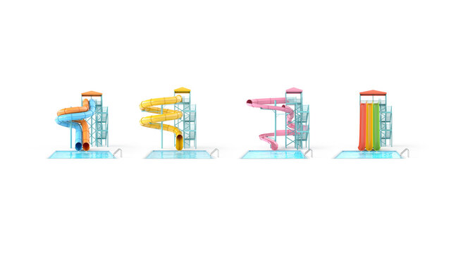 Blank colored waterslide with swimming pool mockup, different types