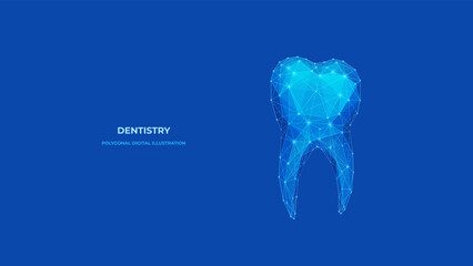 Human tooth. Digital teeth in lines and geometric shapes. Isolated polygonal tooth on blue background. Technology dentistry concept. Monochrome vector.