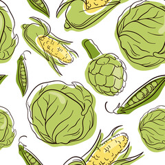 Naklejka premium Seamless pattern with hand drawn vegetables. Line art cabbage, corn, peas, artichoke. Vegetarian healthy food vector texture. 
