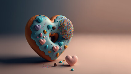 Generative AI, Blue donut in heart shape with little hearts pastries on the table. Sweet food advertising banner. 3D effect, St. Valentine's romantic bakery concept, modern illustration
